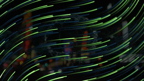 Animation-of-green-lines-moving-over-night-blurred-cityscape