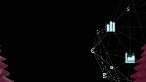 Animation-of-network-of-connections-with-icons-over-cityscape-on-dark-background