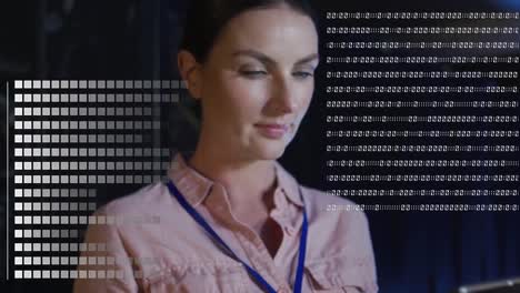 Animation-of-data-processing-over-caucasian-woman-working-in-server-room