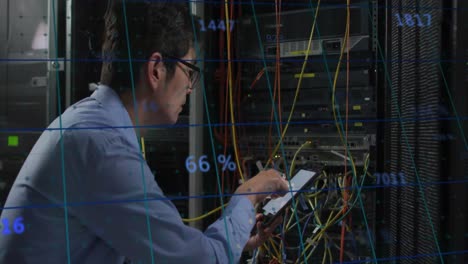 Animation-of-numbers-over-asian-man-working-in-server-room