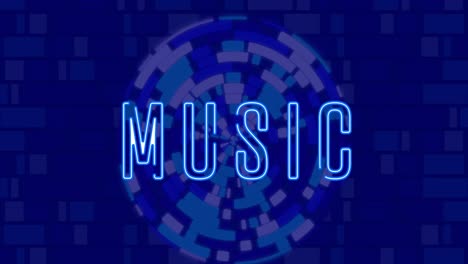 Animation-of-blue-music-neon-text-over-blue-spinning-circles