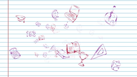 Animation-of-falling-school-supplies-over-lined-sheet
