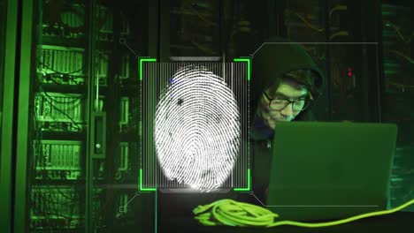 Animation-of-fingerprint-scanning-over-asian-man-working-in-server-room