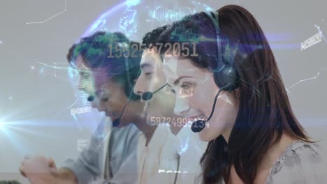 Animation-of-network-of-connections-over-business-people-using-phone-headsets