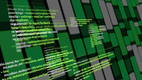 Animation-of-data-processing-over-green-lights-moving-on-black-background