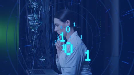 Animation-of-binary-code-over-caucasian-woman-checking-servers