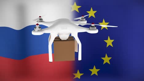 Animación-De-Drone-Con-Caja-Sobre-Banderas-De-Rusia-Y-Ue