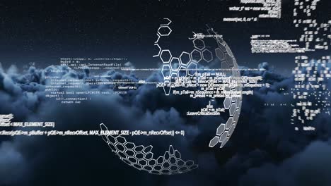 Animation-of-globe,-data-processing-over-chemical-formulas-on-cloudy-sky