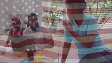 Animation-of-american-flag-over-african-american-father-and-children-talking