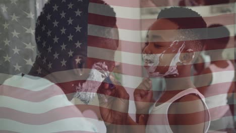 Animation-of-american-flag-over-african-american-father-and-son-shaving