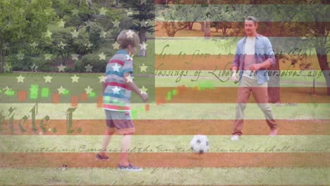 Animation-of-american-flag-over-caucasian-father-and-son-playing-football