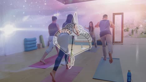 Animation-of-zodiac-sign-over-diverse-group-of-people-practicing-yoga