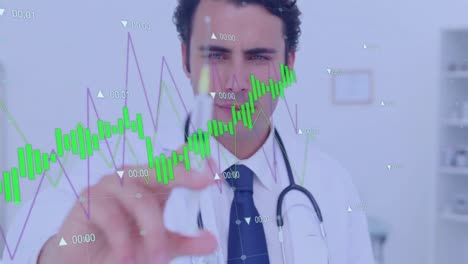 Animation-of-data-processing-over-caucasian-male-doctor-with-syringe