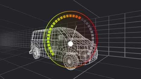 Animación-Del-Indicador-De-Velocidad-Y-Procesamiento-De-Datos-Sobre-Un-Dibujo-3D-De-Un-Automóvil.