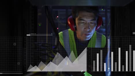 Animation-of-graphs-and-data-over-asian-man-working-in-server-room