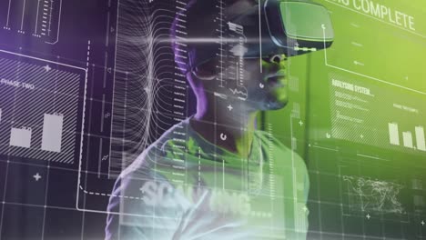 Animation-of-data-processing-over-african-american-man-wearing-vr-headset