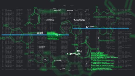 Animation-of-data-processing-over-chemical-formulas-on-black-background