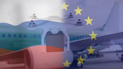 Animation-Einer-Drohne-Mit-Box-über-Den-Flaggen-Russlands-Und-Der-EU