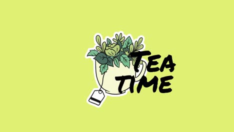 Animation-Des-Teezeittextes-über-Einer-Tasse-Tee-Mit-Blumen-Auf-Grünem-Hintergrund
