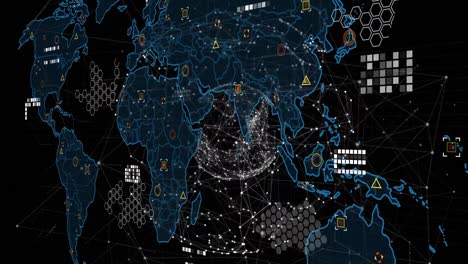 Weltkarte-über-Dem-Globus-Des-Netzwerks-Von-Verbindungen-Vor-Schwarzem-Hintergrund