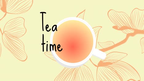 Animation-of-tea-time-text-over-cup-of-tea-and-flowers-on-yellow-background