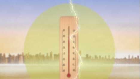 Animation-of-thermometer-over-cityscape-and-yellow-circle