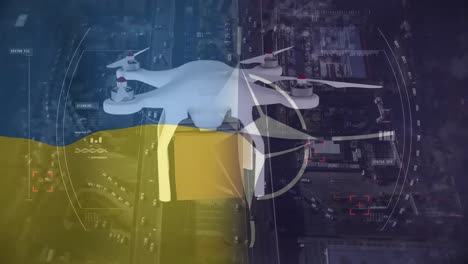 Animation-of-drone-with-box-over-flags-of-ukraine-and-nato