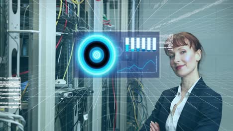 Animation-of-data-processing-over-caucasian-woman-checking-servers