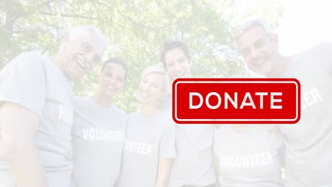 Animation-of-diverse-group-of-volunteers-over-donate-text