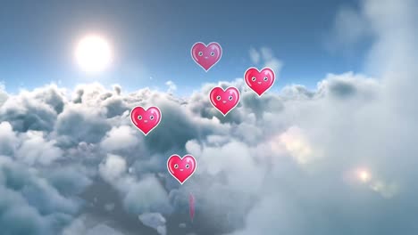 Animation-of-happy-hearts-floating-over-clouds