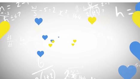 Animation-of-yellow-and-blue-heart-icons-floating-over-mathematical-equations-on-grey-background