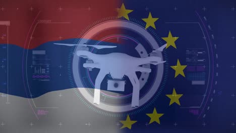 Animation-Einer-Drohne-über-Den-Flaggen-Der-Niederlande-Und-Der-EU