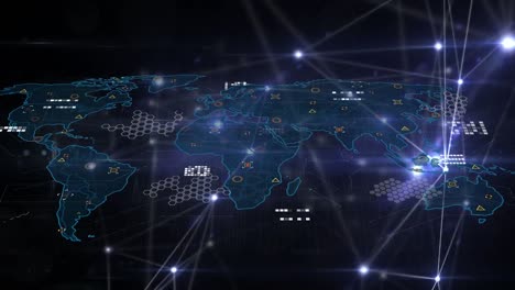 Digital-animation-of-glowing-network-of-connections-over-world-map-against-black-background