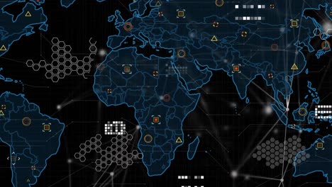 Digital-animation-of-world-map-and-network-of-connections-against-black-background