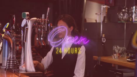 Animation-of-open-24-hours-neon-text-over-caucasian-bartender-behind-bar