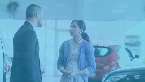 Animation-of-dots-falling-over-caucasian-male-car-dealer-and-female-customer