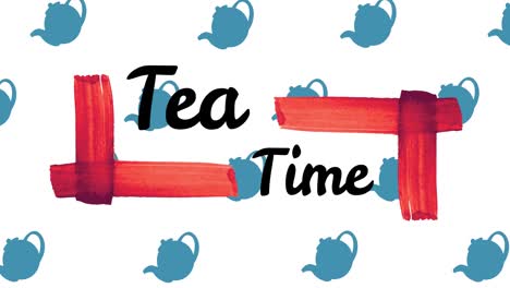 Animation-of-tea-time-text-with-red-shapes-over-teapots-on-white-background