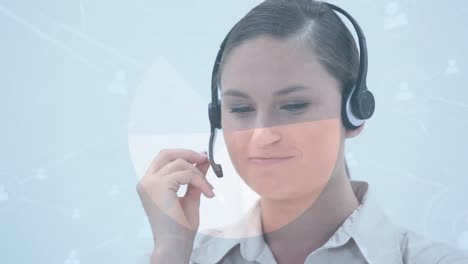 Network-of-profile-icons-over-caucasian-female-customer-care-executive-talking-using-phone-headset