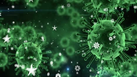 Animation-of-stars-and-green-virus-cells-over-black-background
