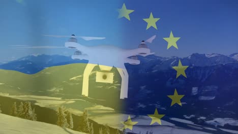 Animation-of-drone-over-flags-of-ukraine-and-eu