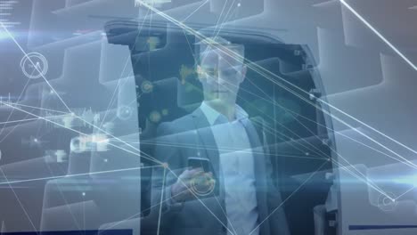 Animation-of-network-of-connections-over-caucasian-businessman-using-smartphone-on-airport