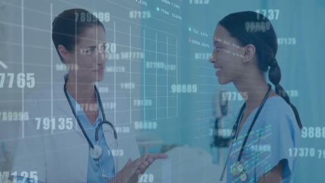 Stock-market-data-processing-over-diverse-female-doctor-and-health-worker-discussing-at-hospital