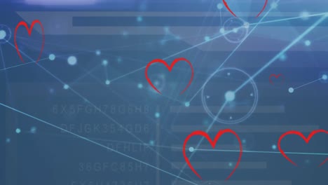 Multiple-red-heart-icons-and-and-network-of-connections-against-data-processing-on-blue-background