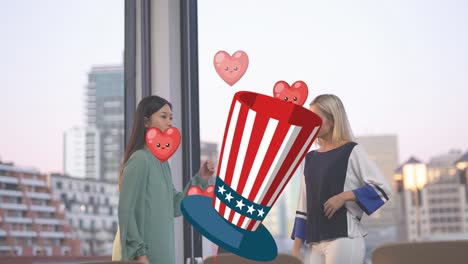 Animation-of-hat-in-usa-flag-with-hearts-over-diverse-woman-talking