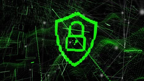 Cyber-security-over-shield-icon-and-network-of-connections-against-green-light-trails