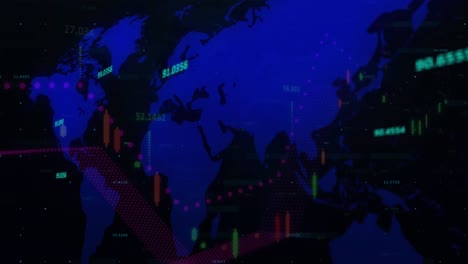 Animation-Von-Finanzdiagrammen-Und-Daten-über-Einer-Weltkarte-Auf-Schwarzem-Hintergrund