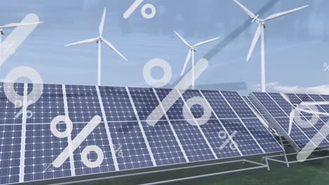 Animation-of-percents-floating-over-solar-panels-and-wind-turbines