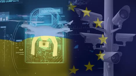 Animation-of-drone-with-padlock-over-flags-of-ukraine-and-eu