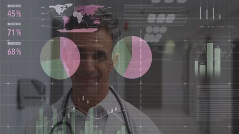 Animation-of-financial-graphs-over-happy-caucasian-male-doctor-looking-at-camera