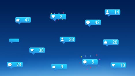 Multiple-speech-bubble-with-digital-icons-and-increasing-numbers-against-blue-background